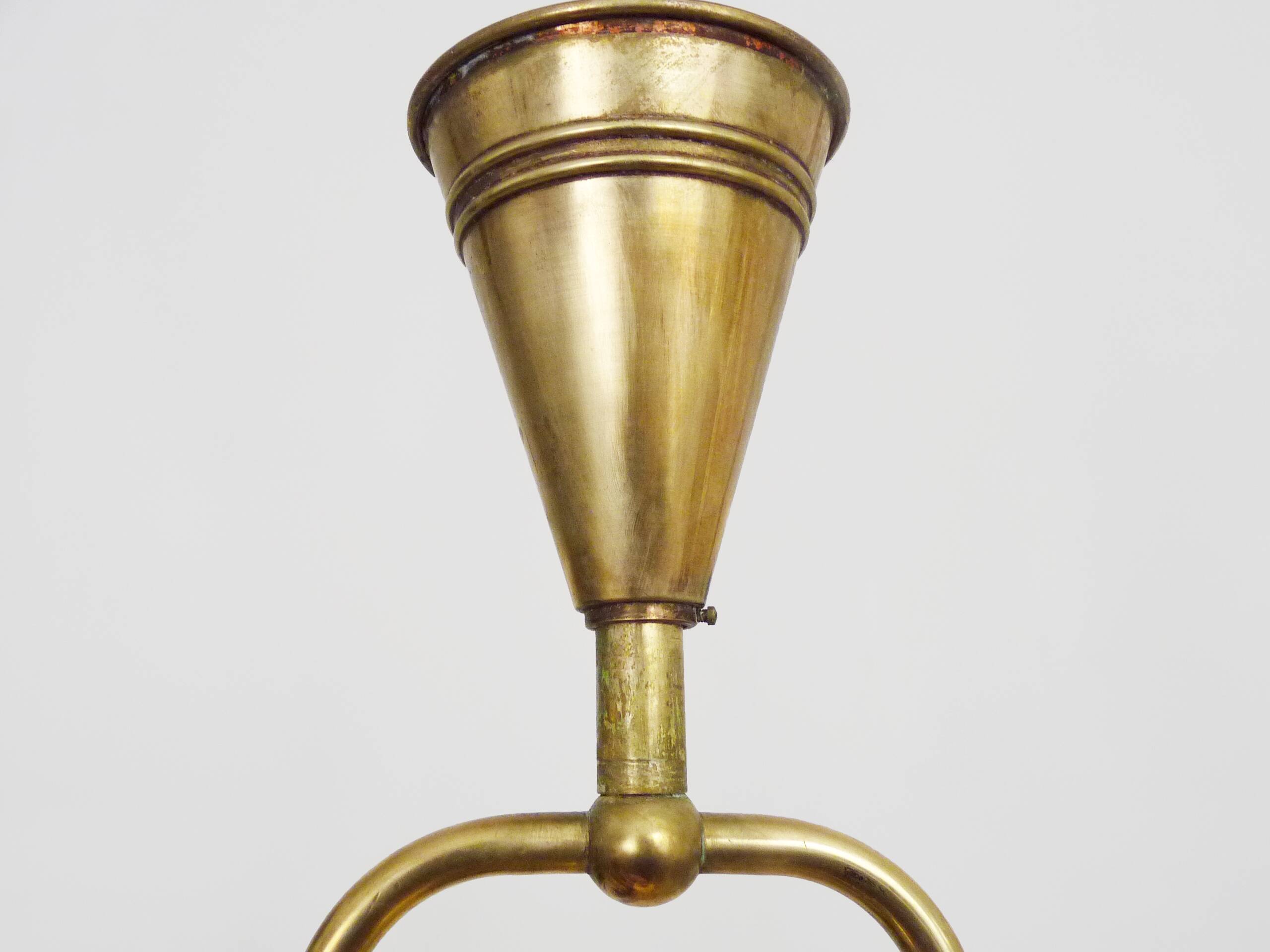 Modernist chandelier with 10 brass branches and white glass tubes, 1970s