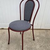 Metallic burgundy bistro chair for restaurants and communities with gray fabric