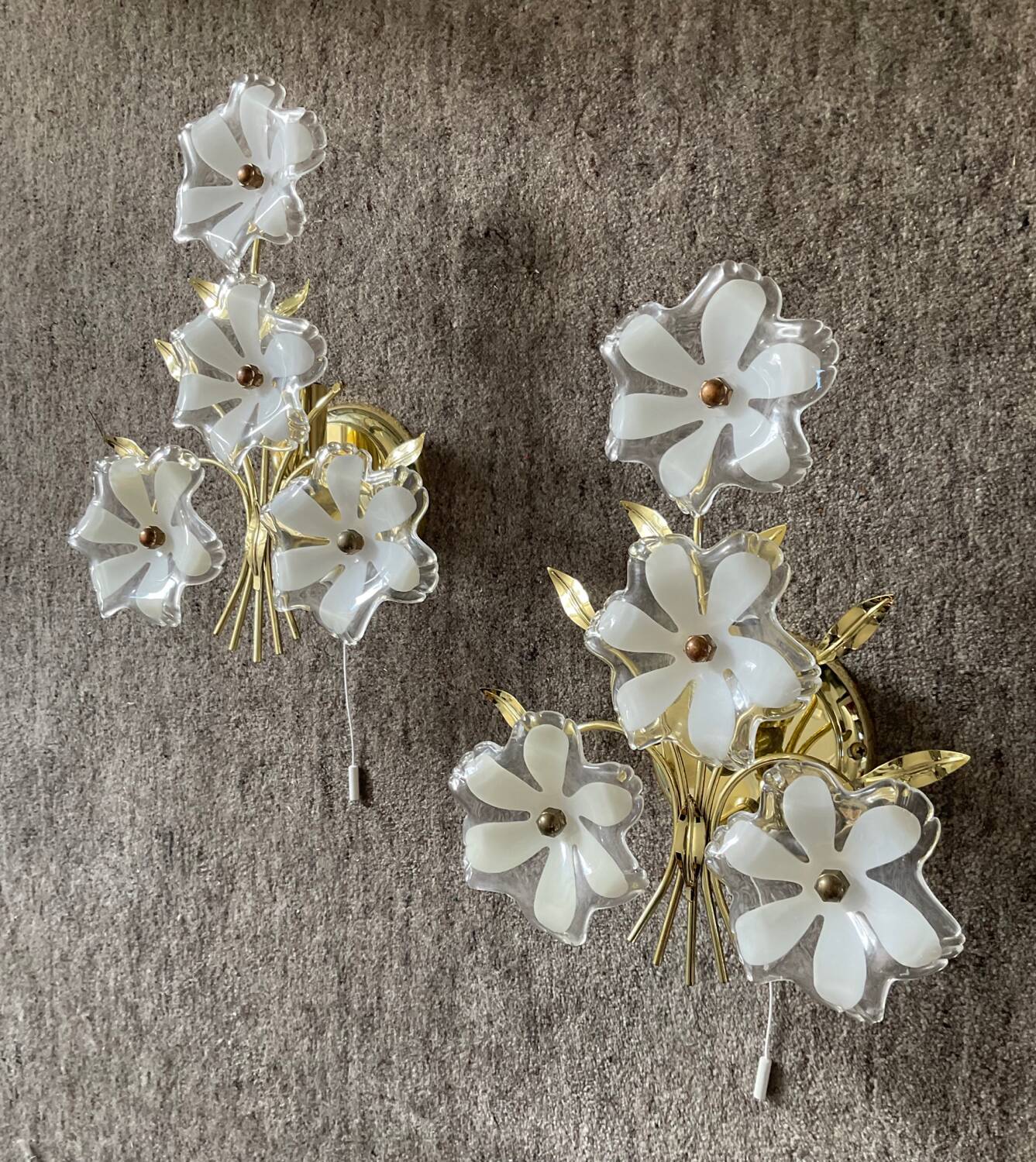 Pair of vintage golden sconces and lucite flowers