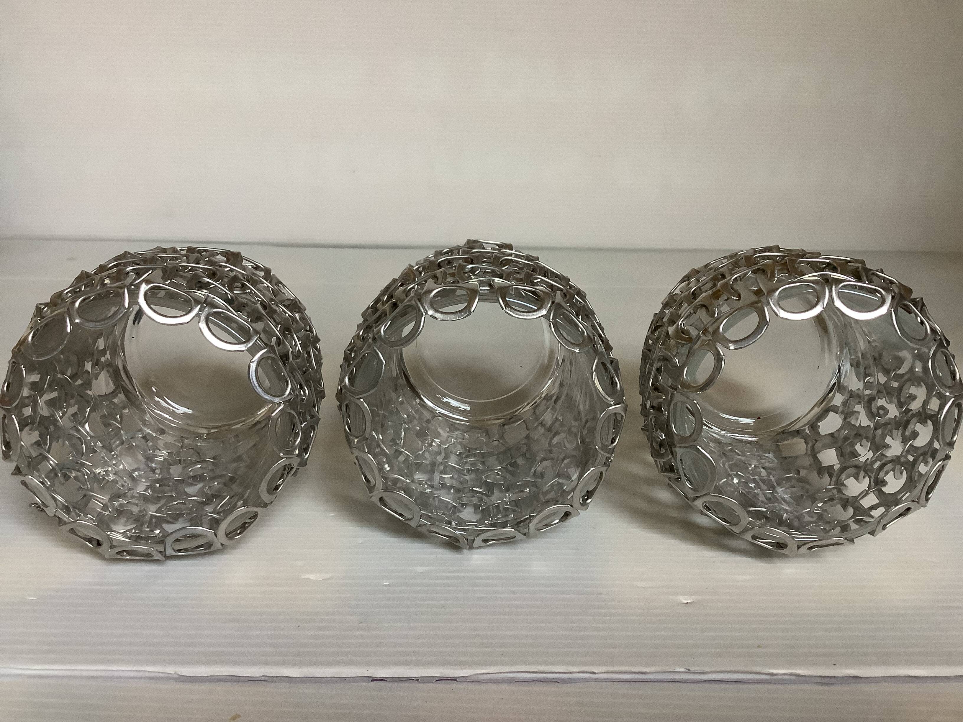Trio of candle holders in metal strips folk art
