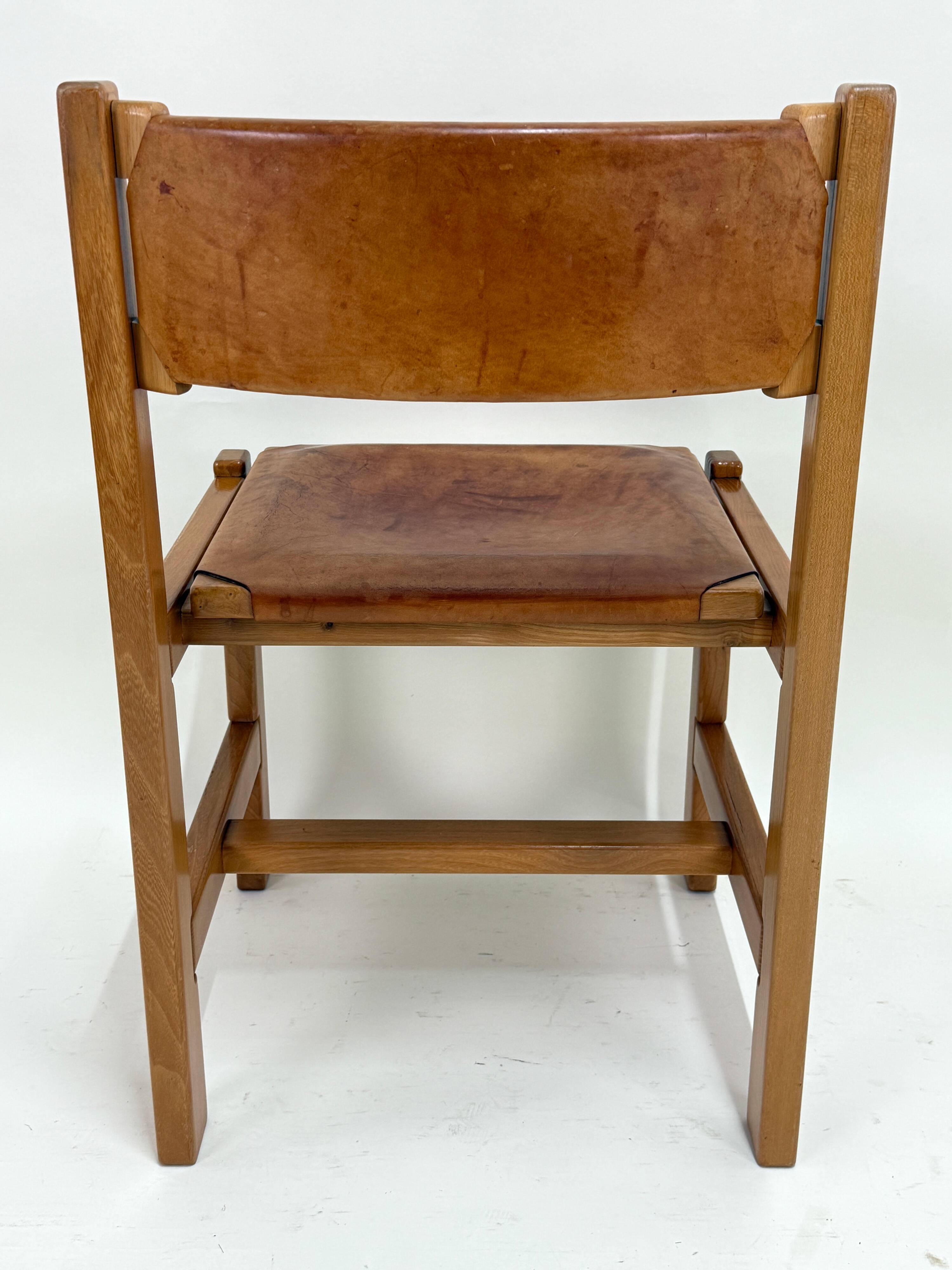 Set of 6 Maison Regain Chairs - Solid Elm and Fawn Leather - Circa 70