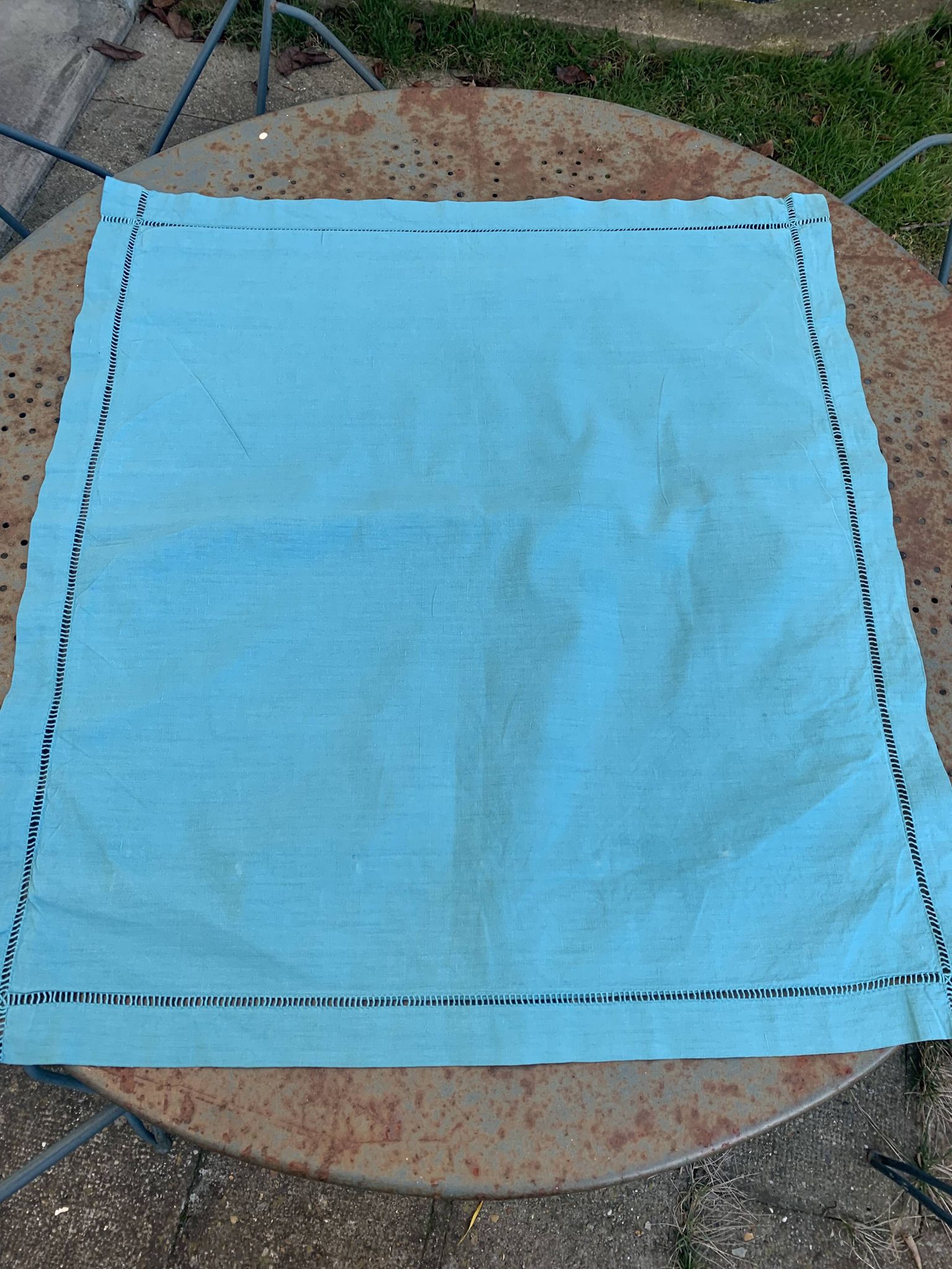Large pillowcase, cotton linen, emerald blue tinted, border with openings, old