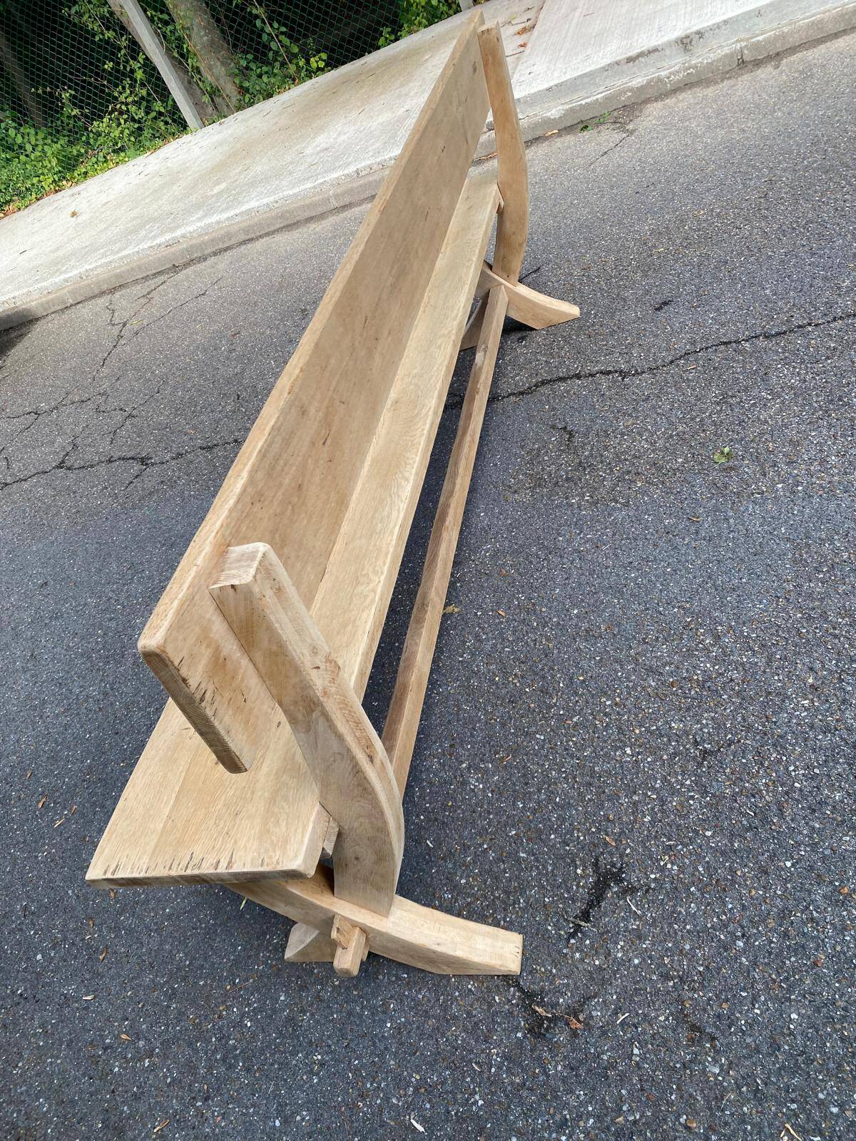 Monastery bench with a 220 cm backrest, renovated in raw solid oak with X legs.