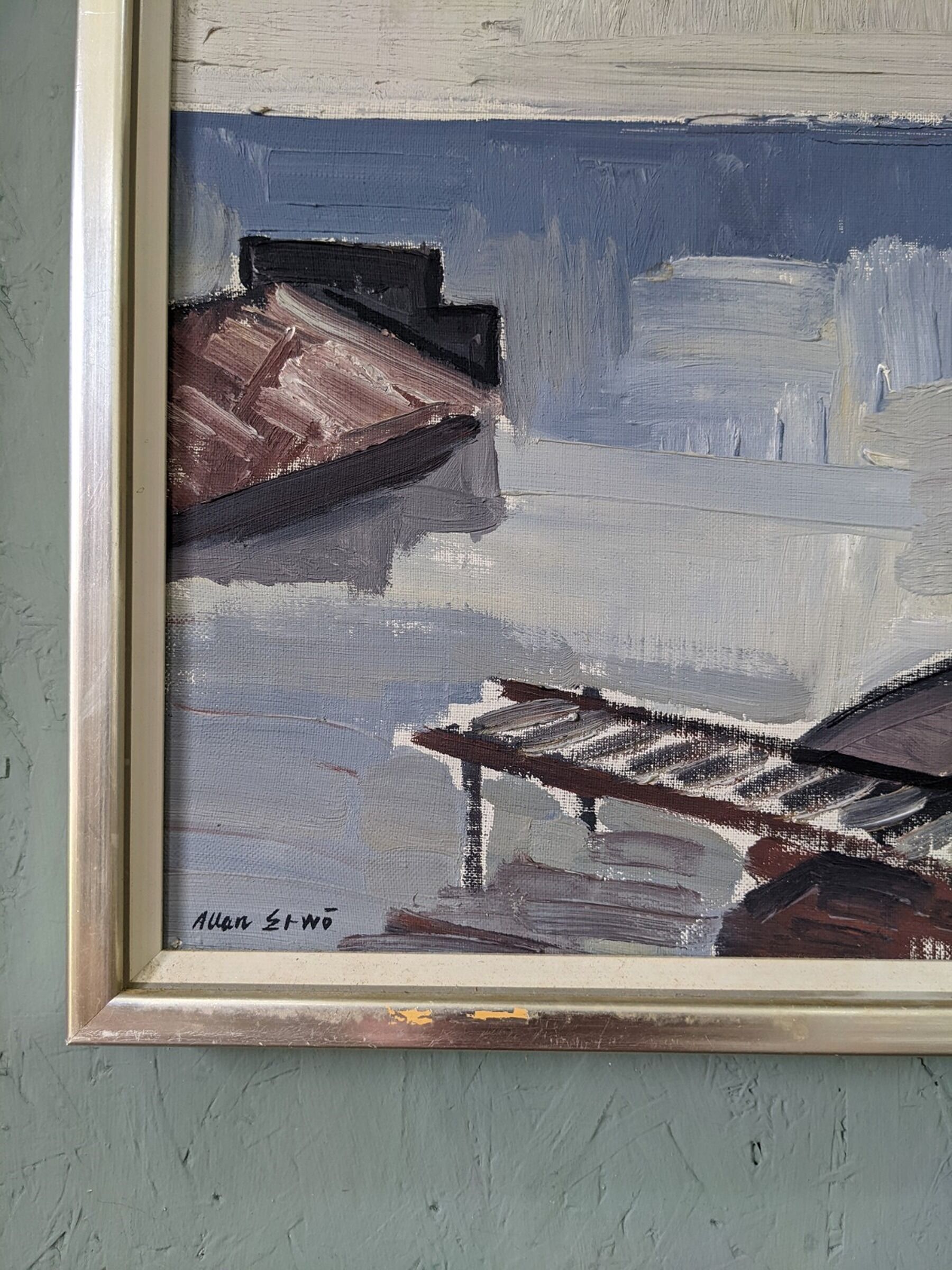 Mid-Century Modern Swedish "Boats at the Jetty" Vintage Coastal Landscape Oil Painting, Framed