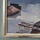 Mid-Century Modern Swedish "Boats at the Jetty" Vintage Coastal Landscape Oil Painting, Framed