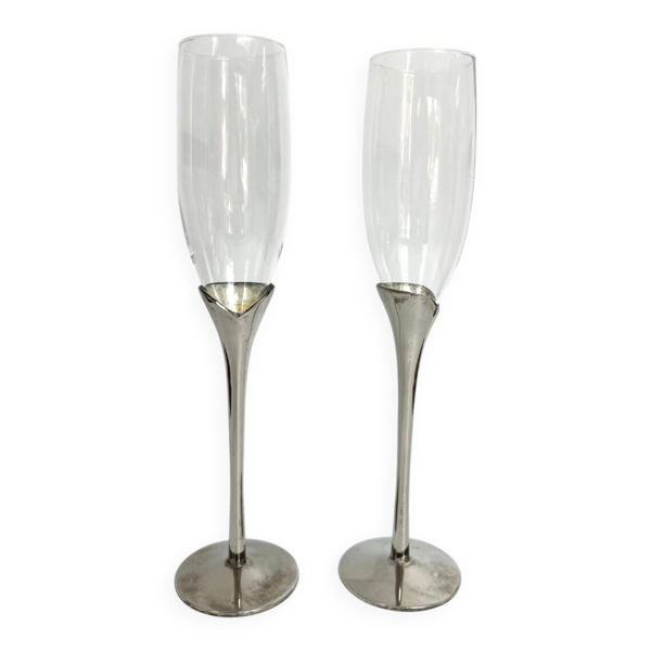 Paire de flûtes à champagne vintage en métal argenté et verre – France, ann