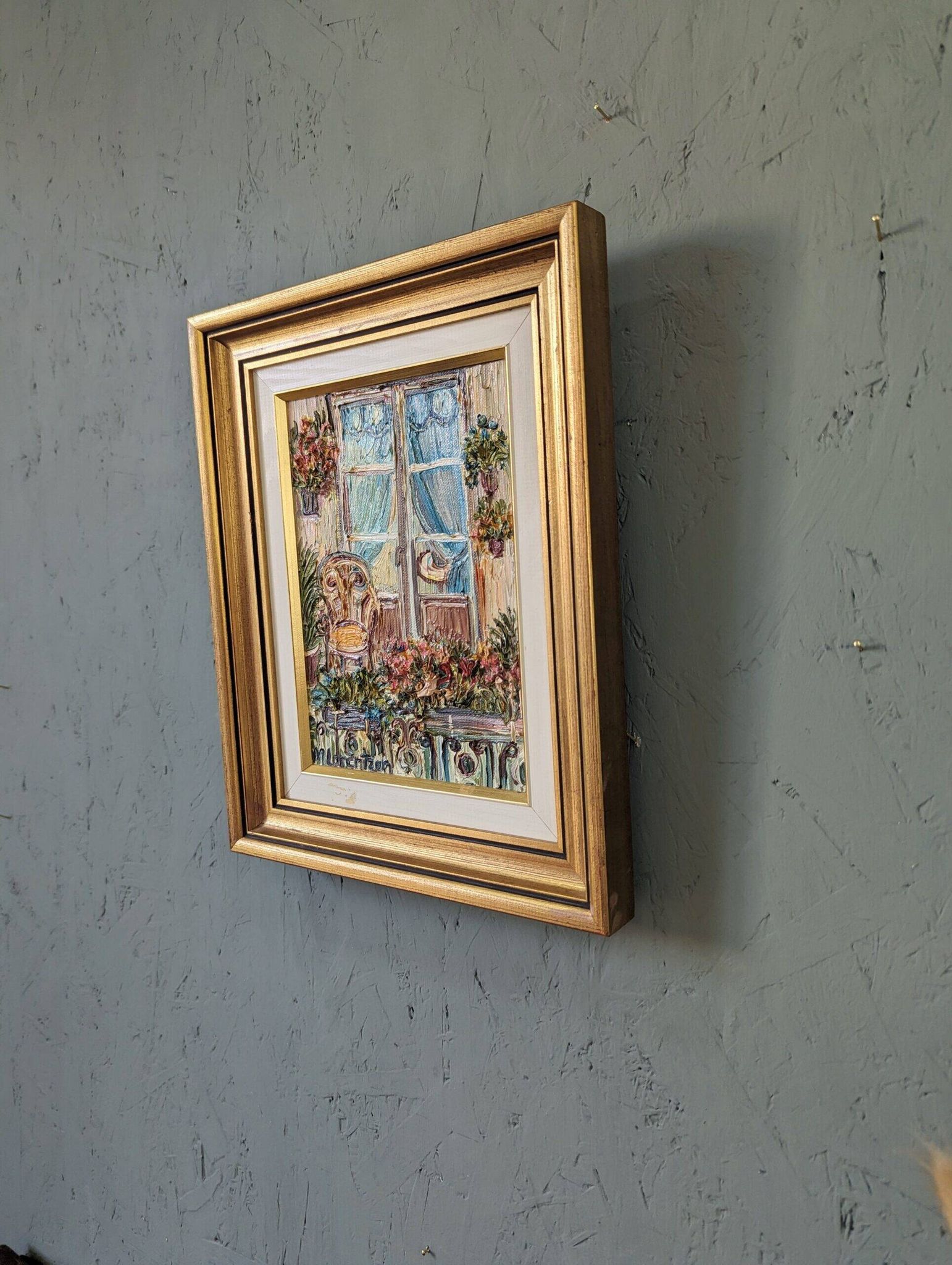 Mid-Century Modern Swedish "Balcony Garden" Vintage Oil Painting, Framed