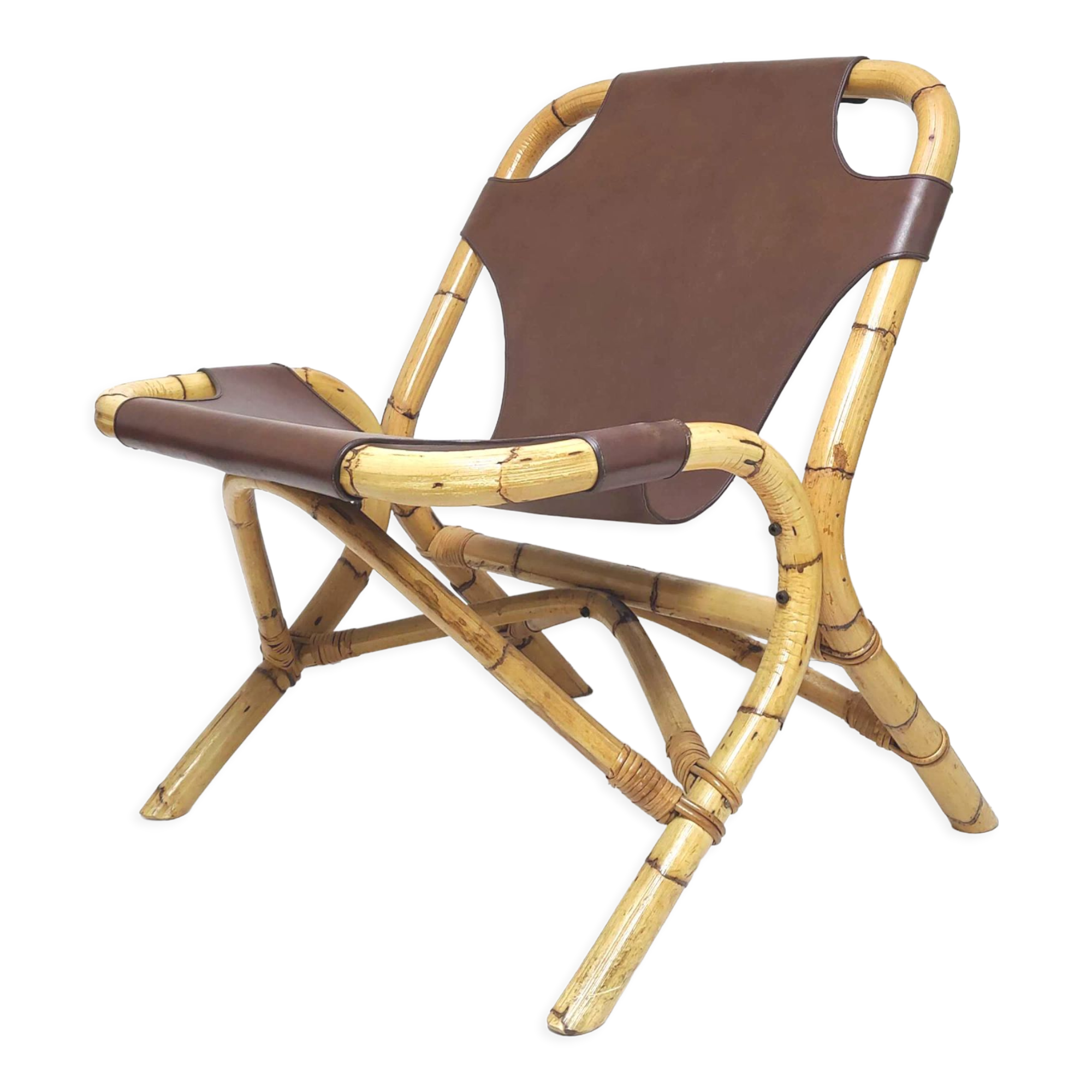 Vintage armchair bamboo rattan and leather