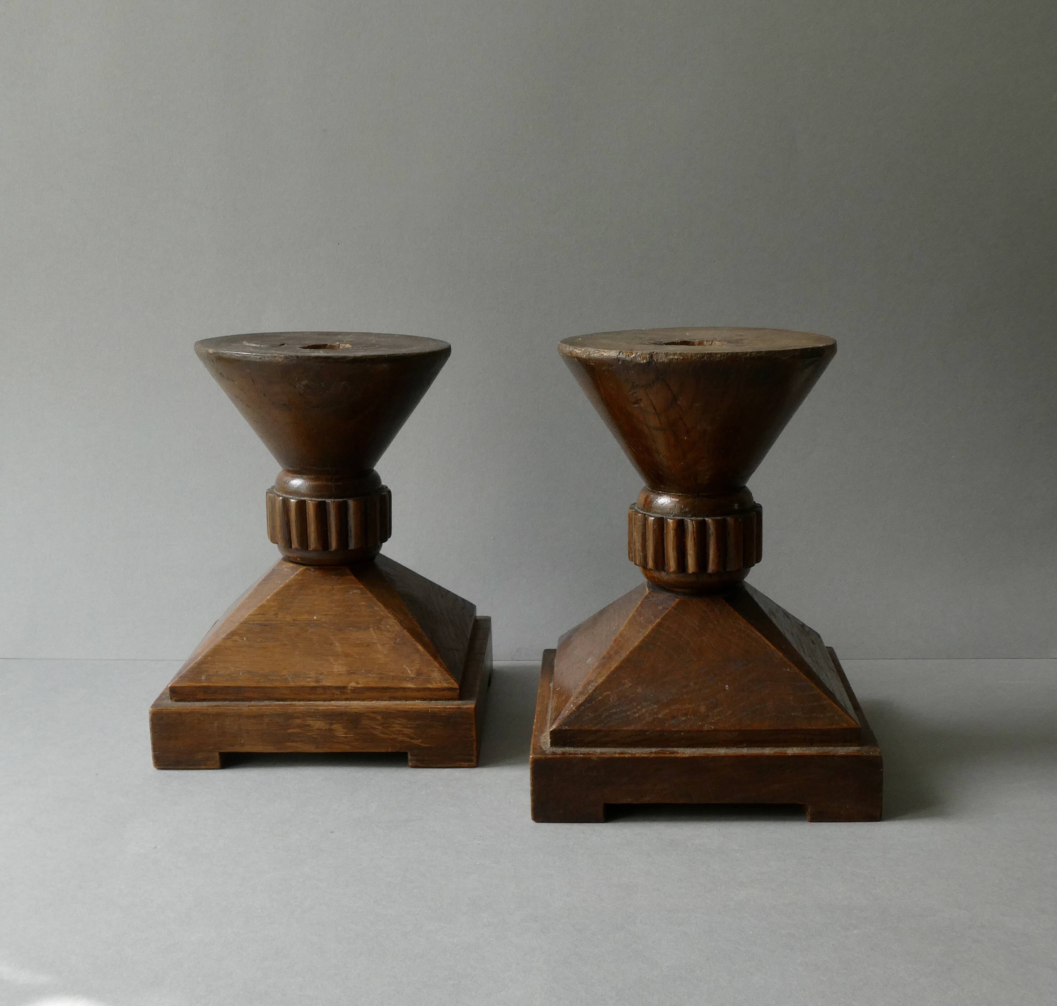 Pair of solid wood candlesticks, sculpted, brutalist