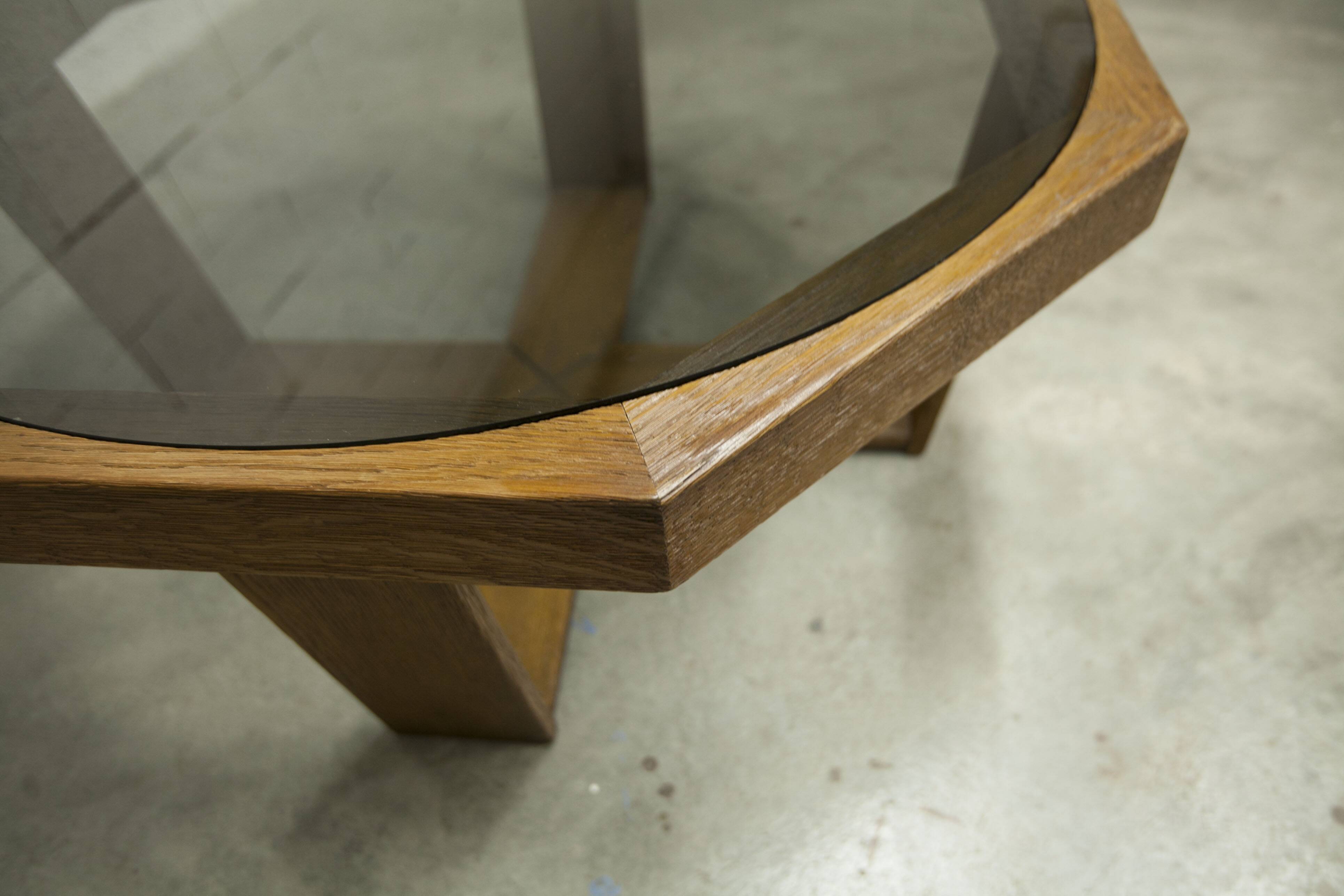 Unique hexagonal table 1977, smoked glass and oak, Swiss made.