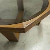 Unique hexagonal table 1977, smoked glass and oak, Swiss made.