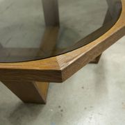 Unique hexagonal table 1977, smoked glass and oak, Swiss made.