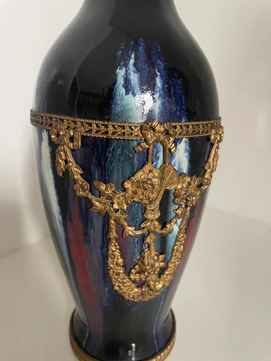 Ceramic vase with enamel drips, brass mount, around 1920, Be
