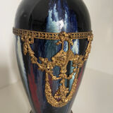 Ceramic vase with enamel drips, brass mount, around 1920, Be