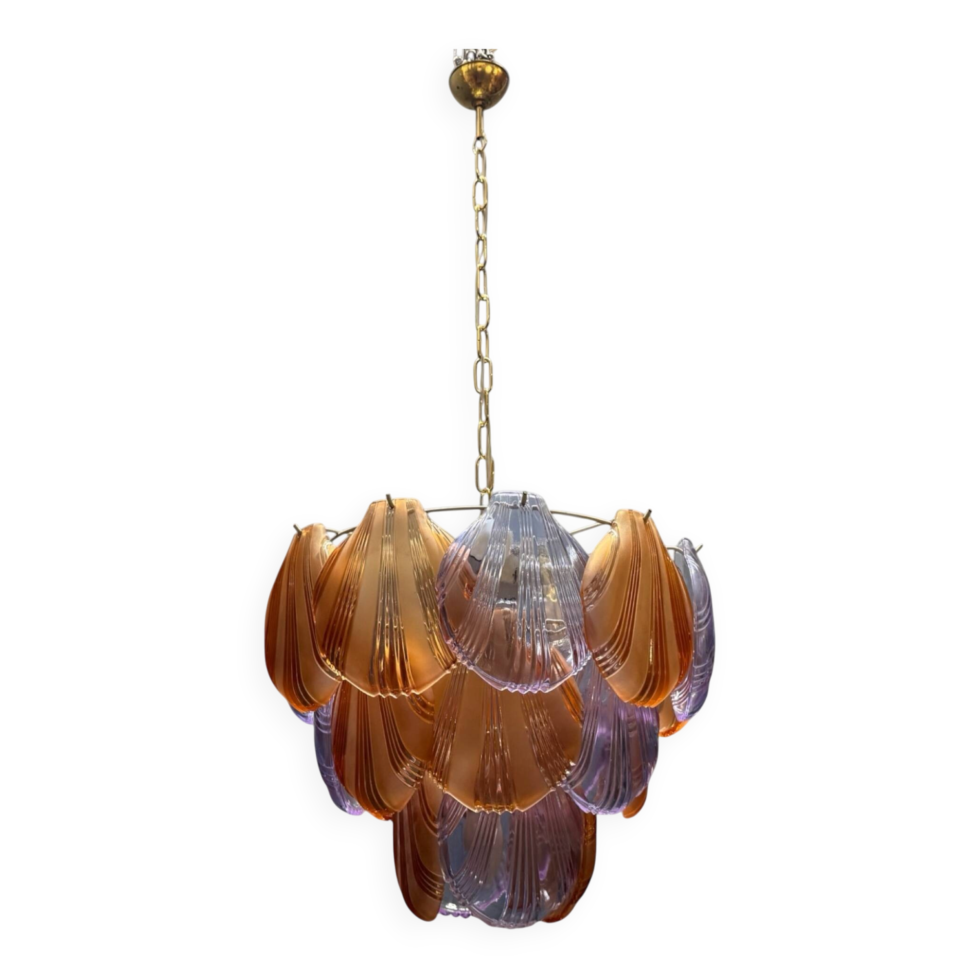 1980s Retro Murano Glass Shell Chandelier in Amber and Lavender, Italy