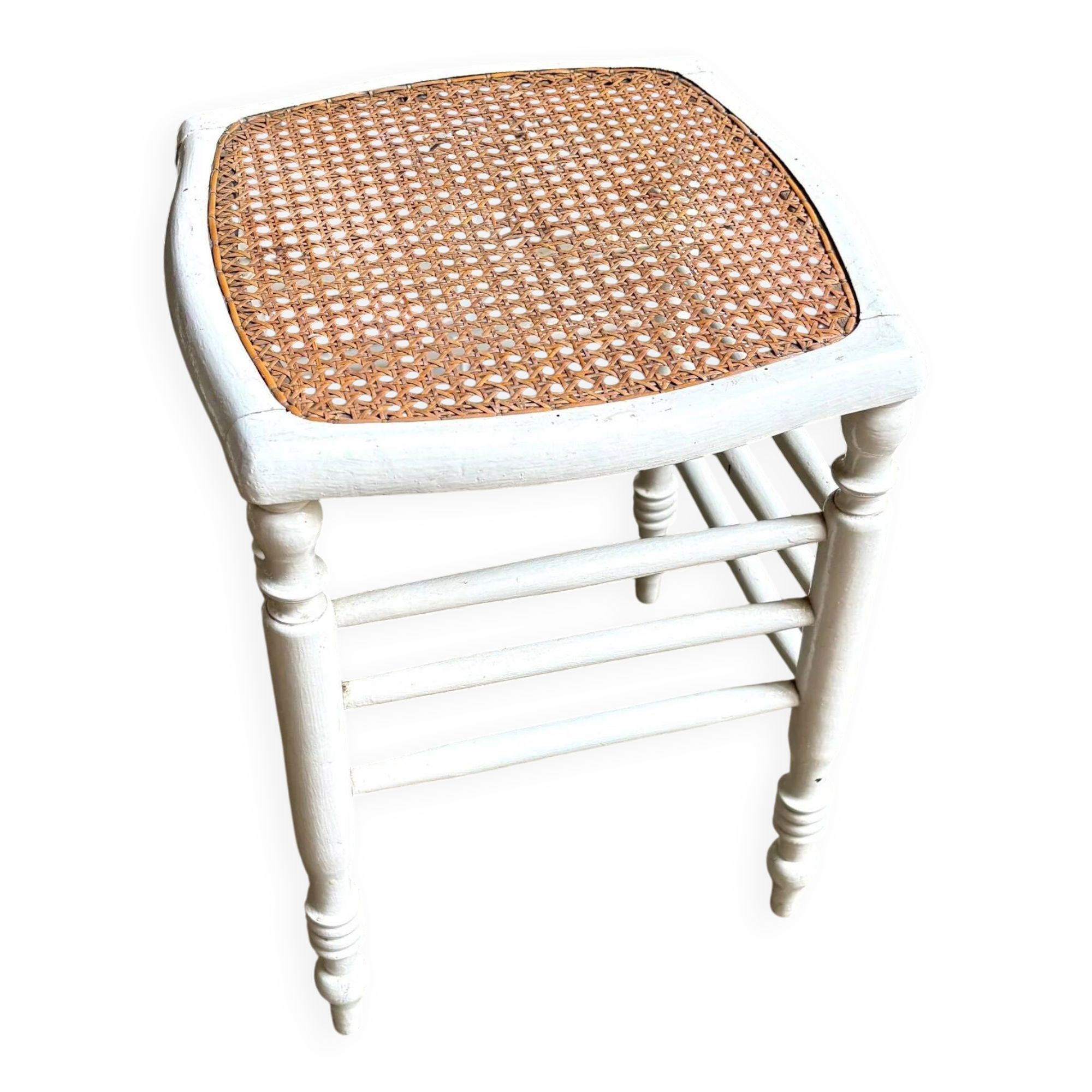 White wooden stool with caning