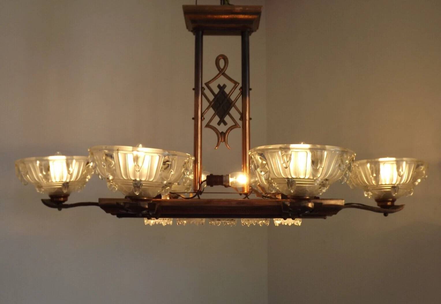 French Art Deco 6-Arm, 10-Light Chandelier Petitot Ezan Style, Copper Tone