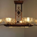 French Art Deco 6-Arm, 10-Light Chandelier Petitot Ezan Style, Copper Tone