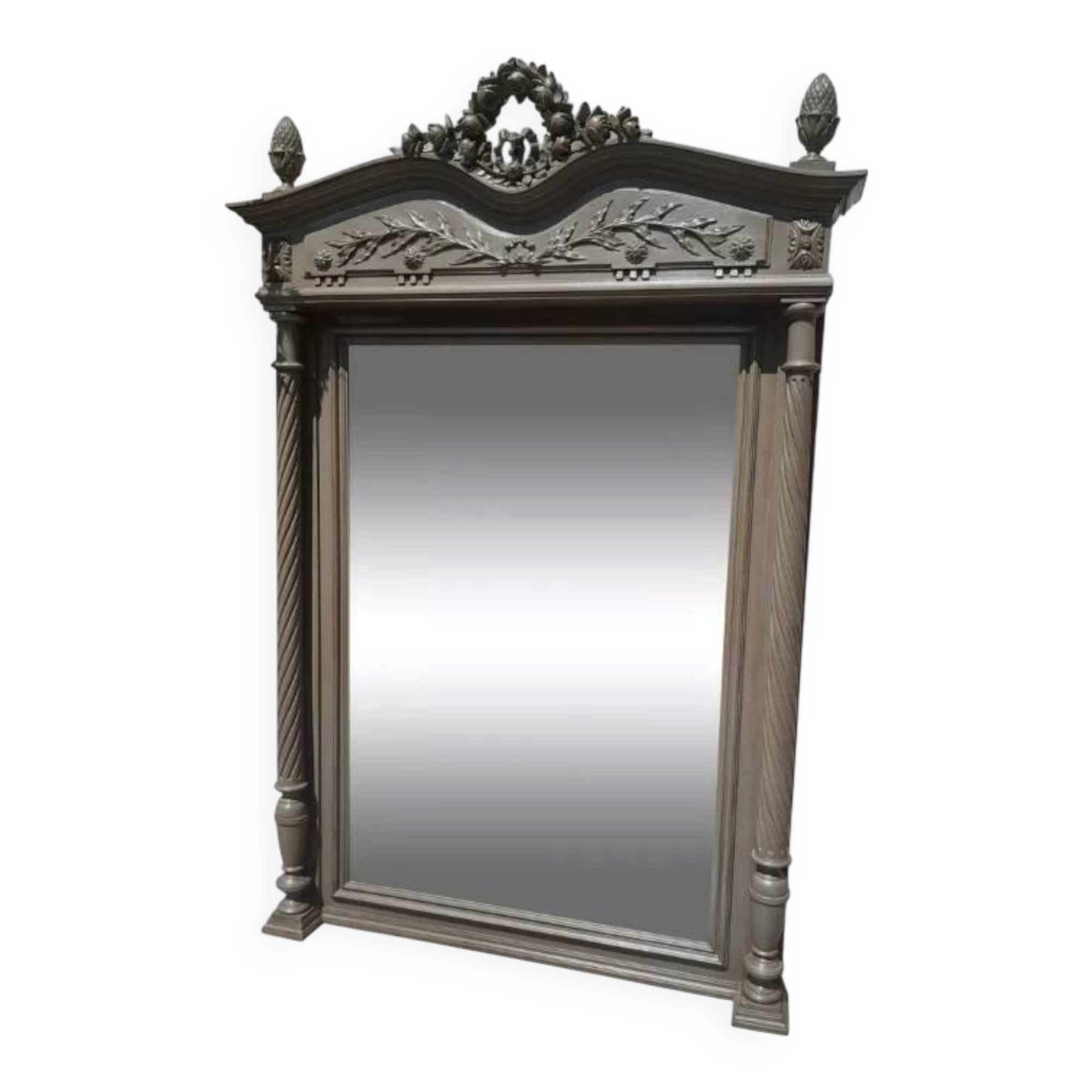 Antique carved mirror with a grey-green patina, Louis XVI style.