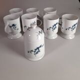 Ensemble sucrier et 7 mugs / tasses à fleurs bleues en porcelaine de Limoge