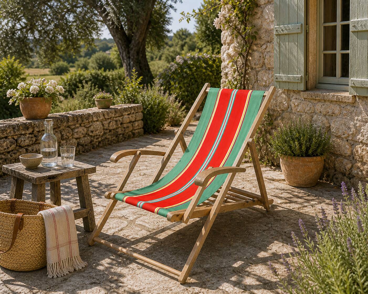 Vintage deck chair with striped green and red fabric, original patina.