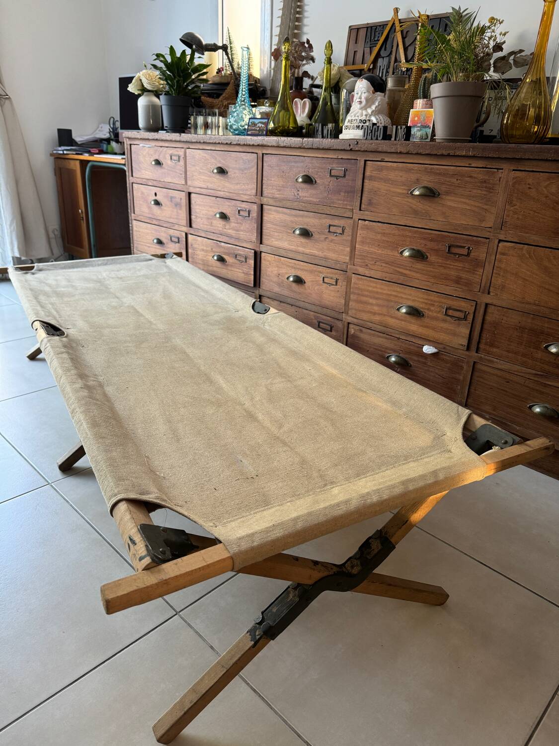 Old vintage military camp bed
