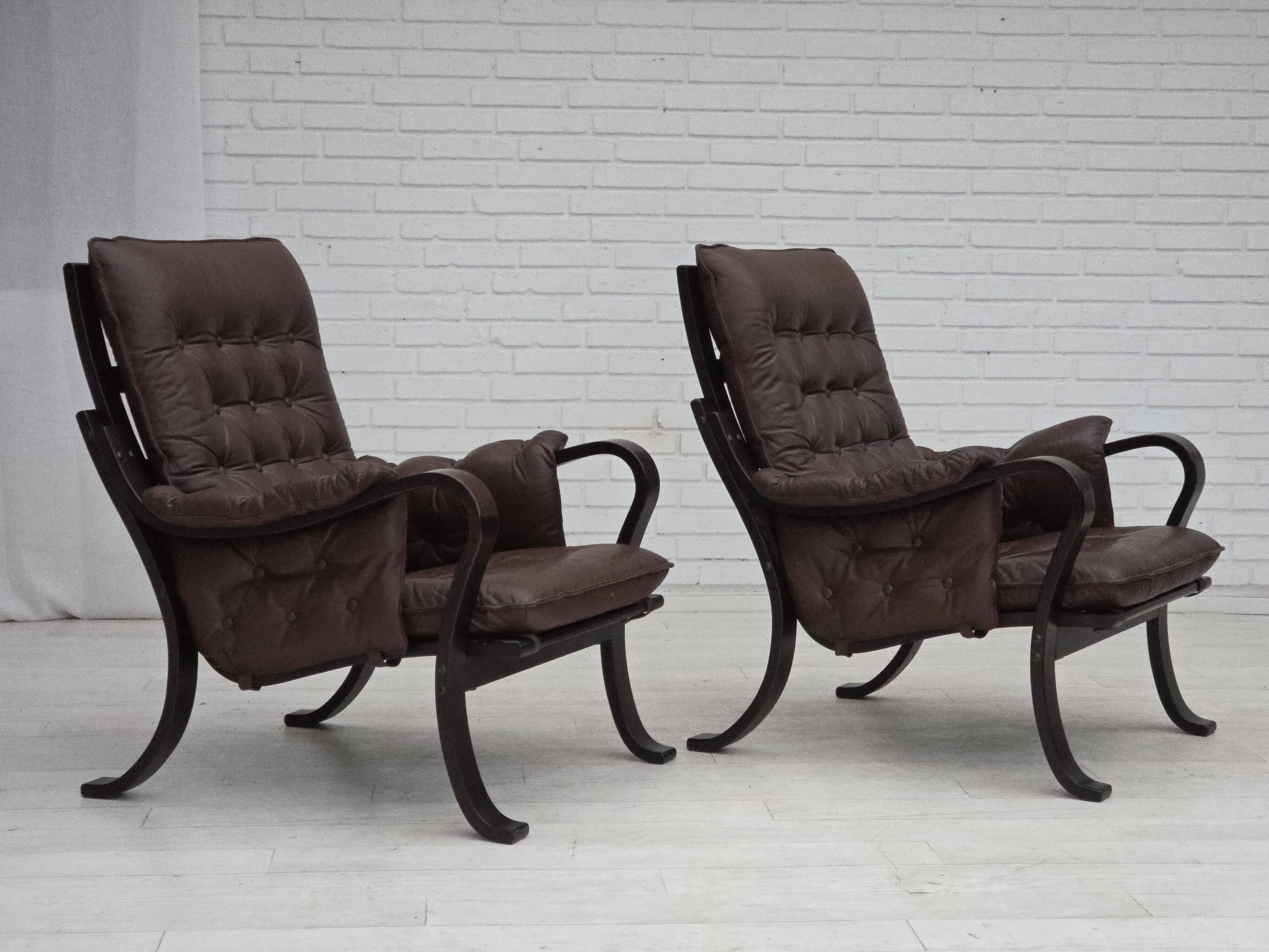 1970s, Scandinavian vintage design, armchair, brown leather, bent wood.