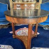 Large circular Empire pedestal table on 3 walnut columns with marble top, 19th century
