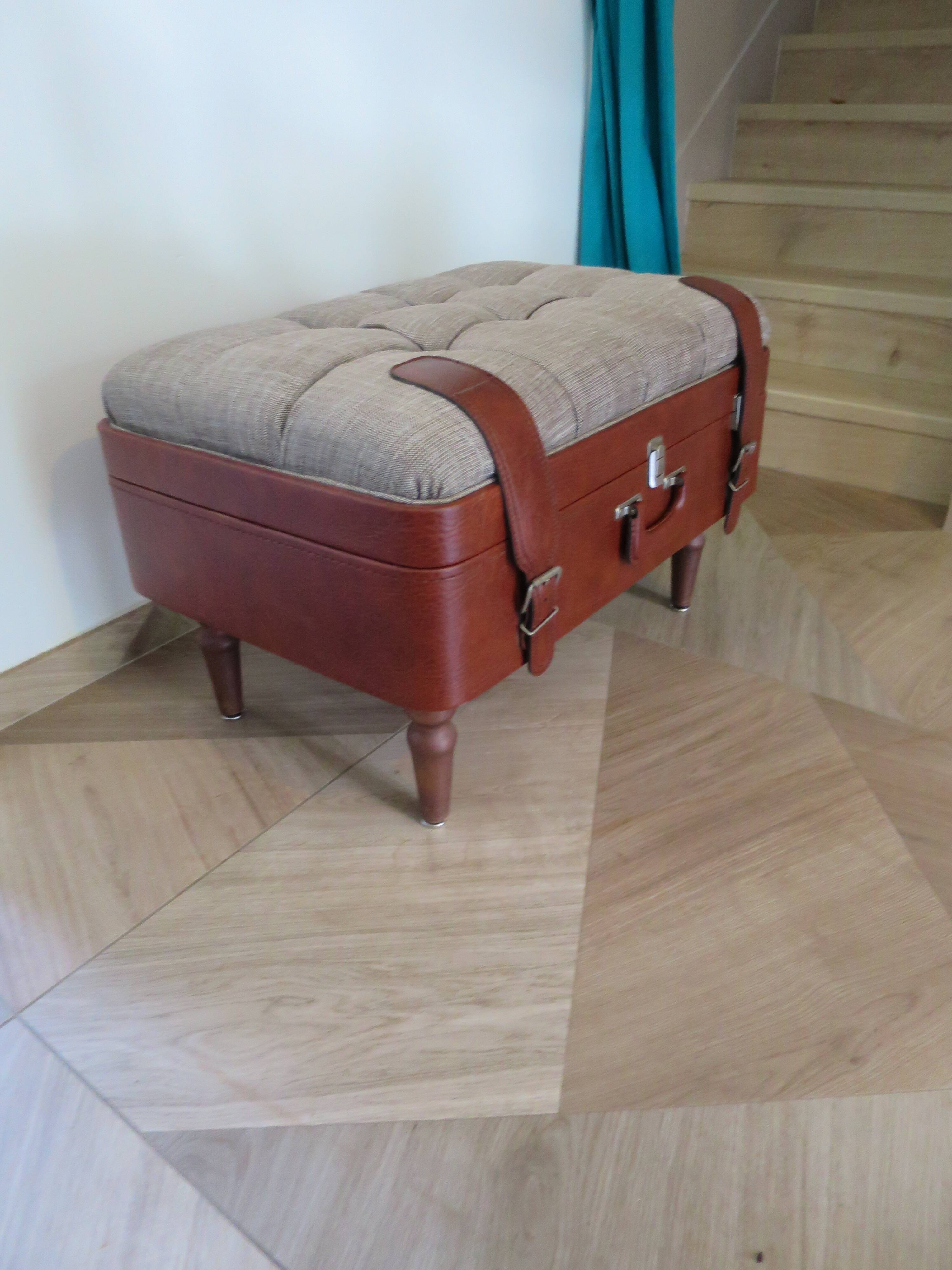 Unique-small vintage bench-ottoman-stool-colonial style - suitcase