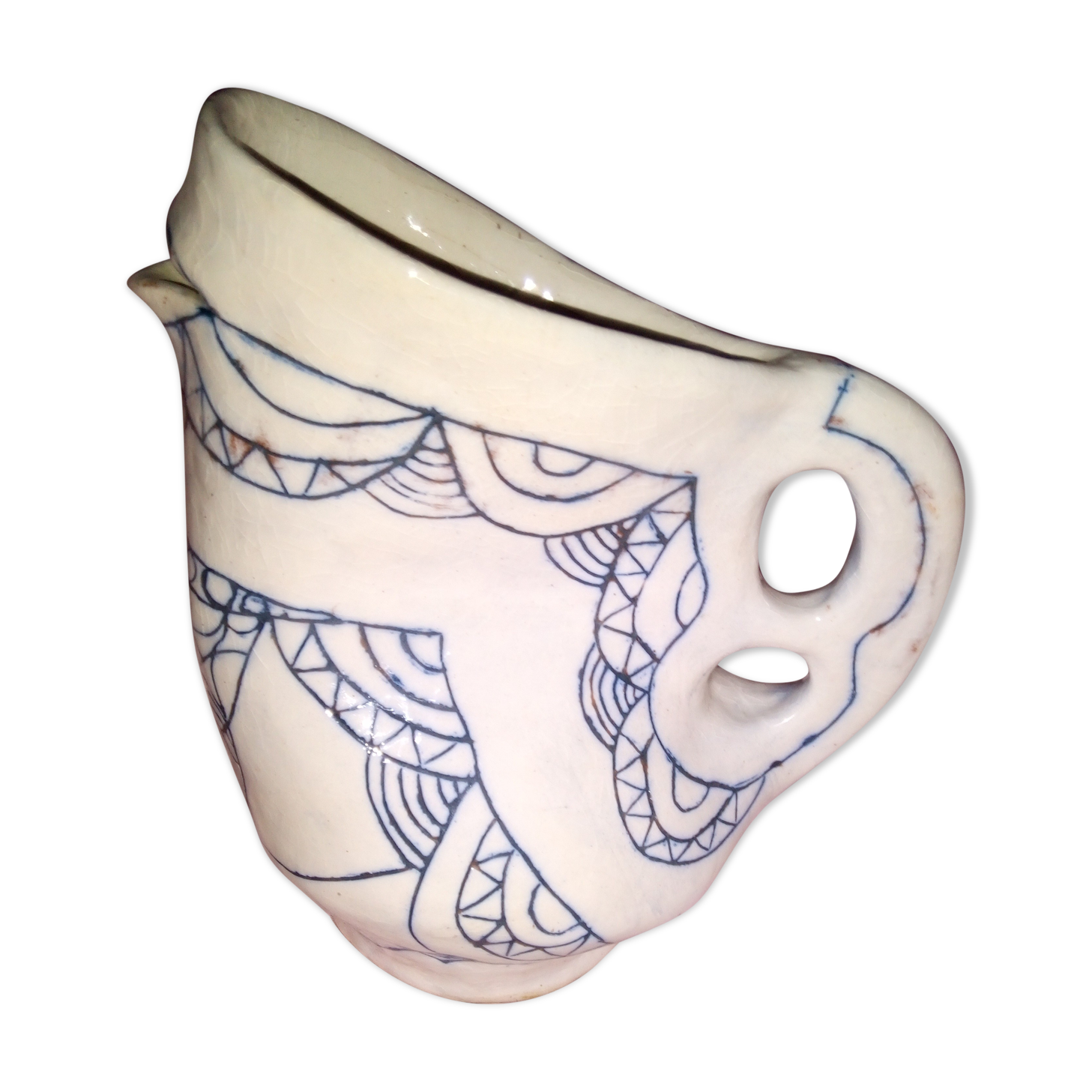 Zoomorphic pitcher in enamelled terracotta