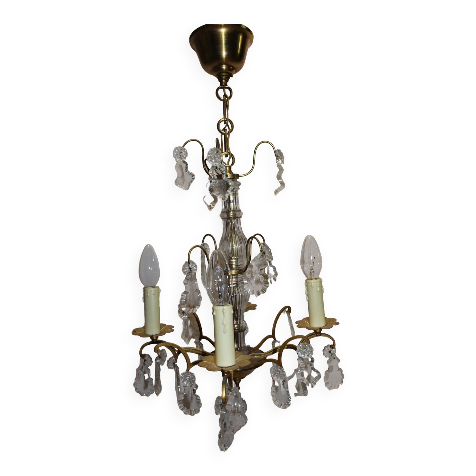 lustre ancien en laiton à pampilles style baroque
