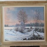 Rateau " Paysage enneigé " peinture HST encadrée