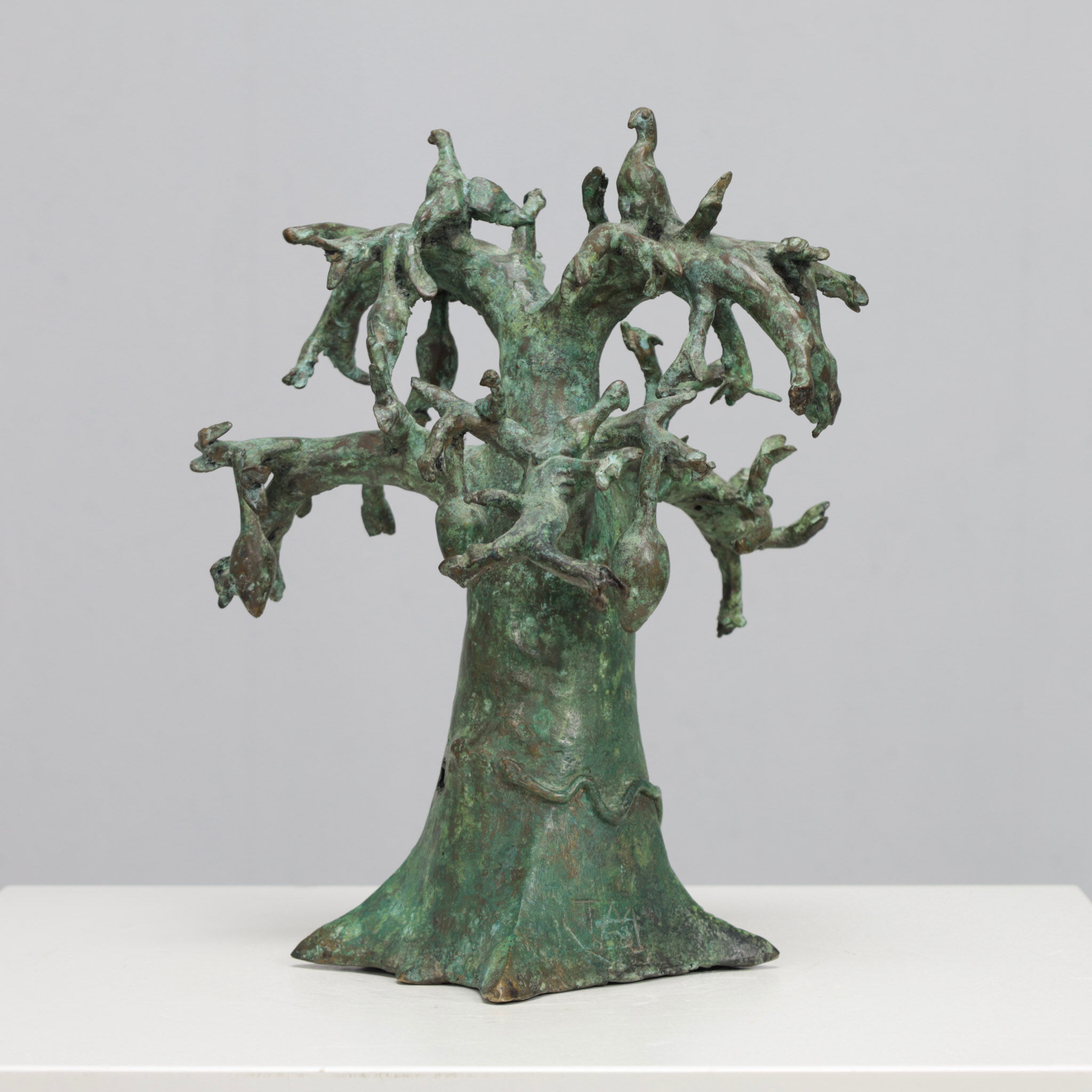 Patinated bronze baobab tree sculpture with birds, signed TM, 1980s