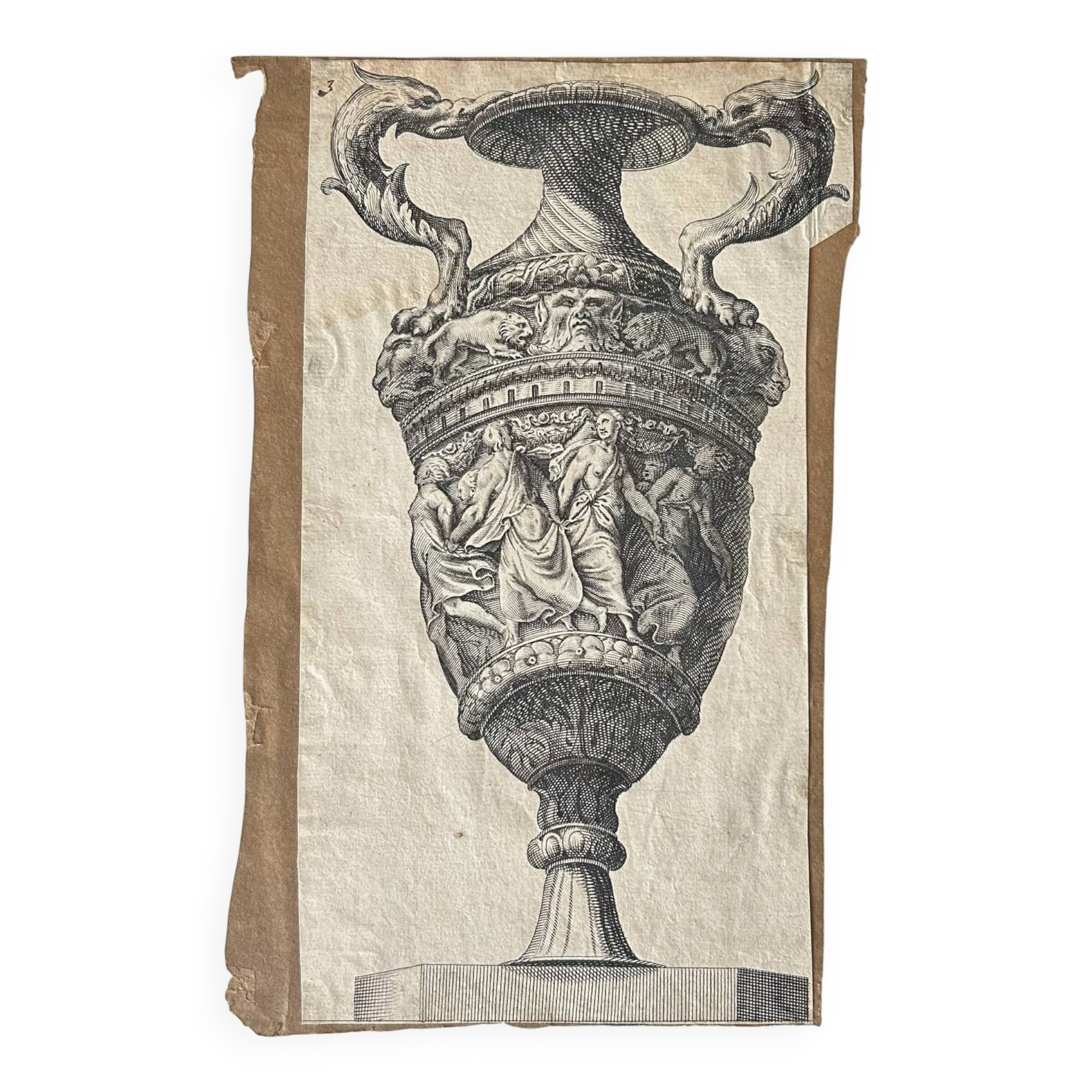 Gravure ancienne vase ornée d’après Polydoro da Caravaggio