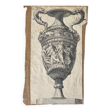 Old engraving of a vase decorated after Polydoro da Caravaggio.