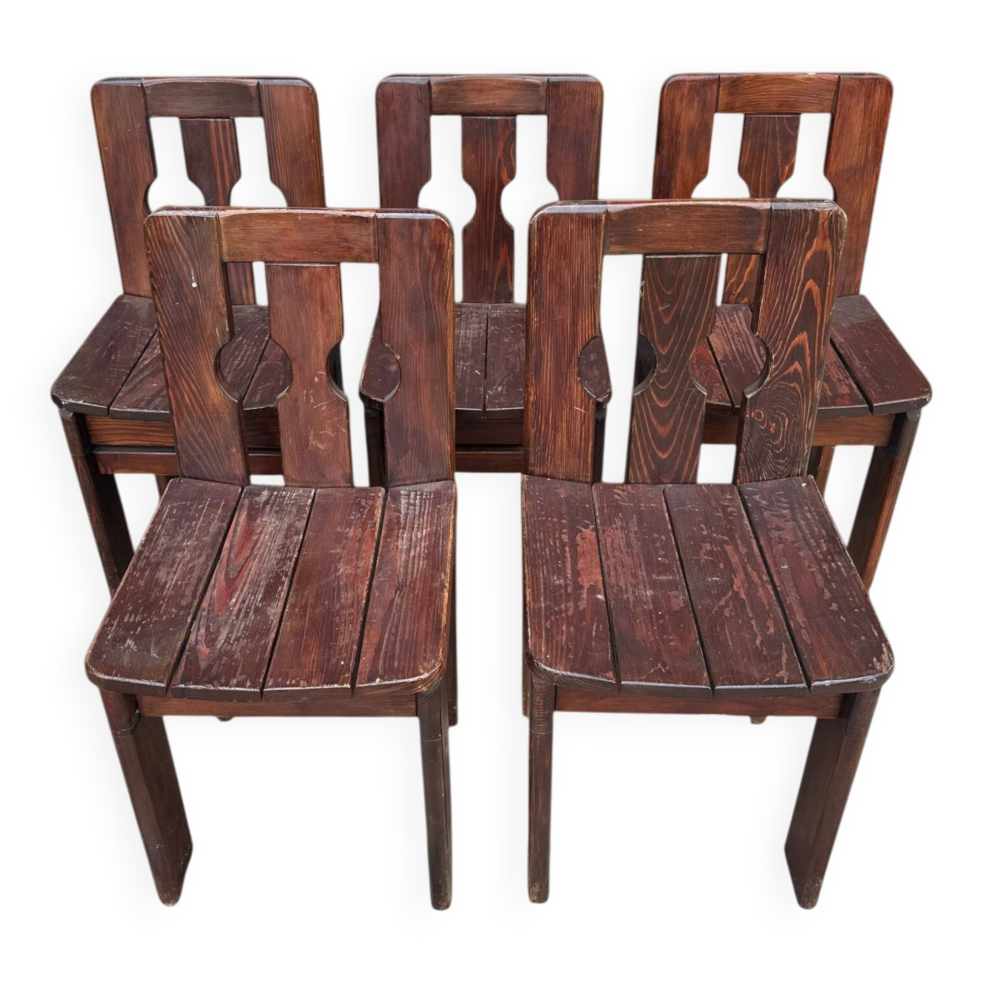 Set of five brutalist chairs in solid pine.