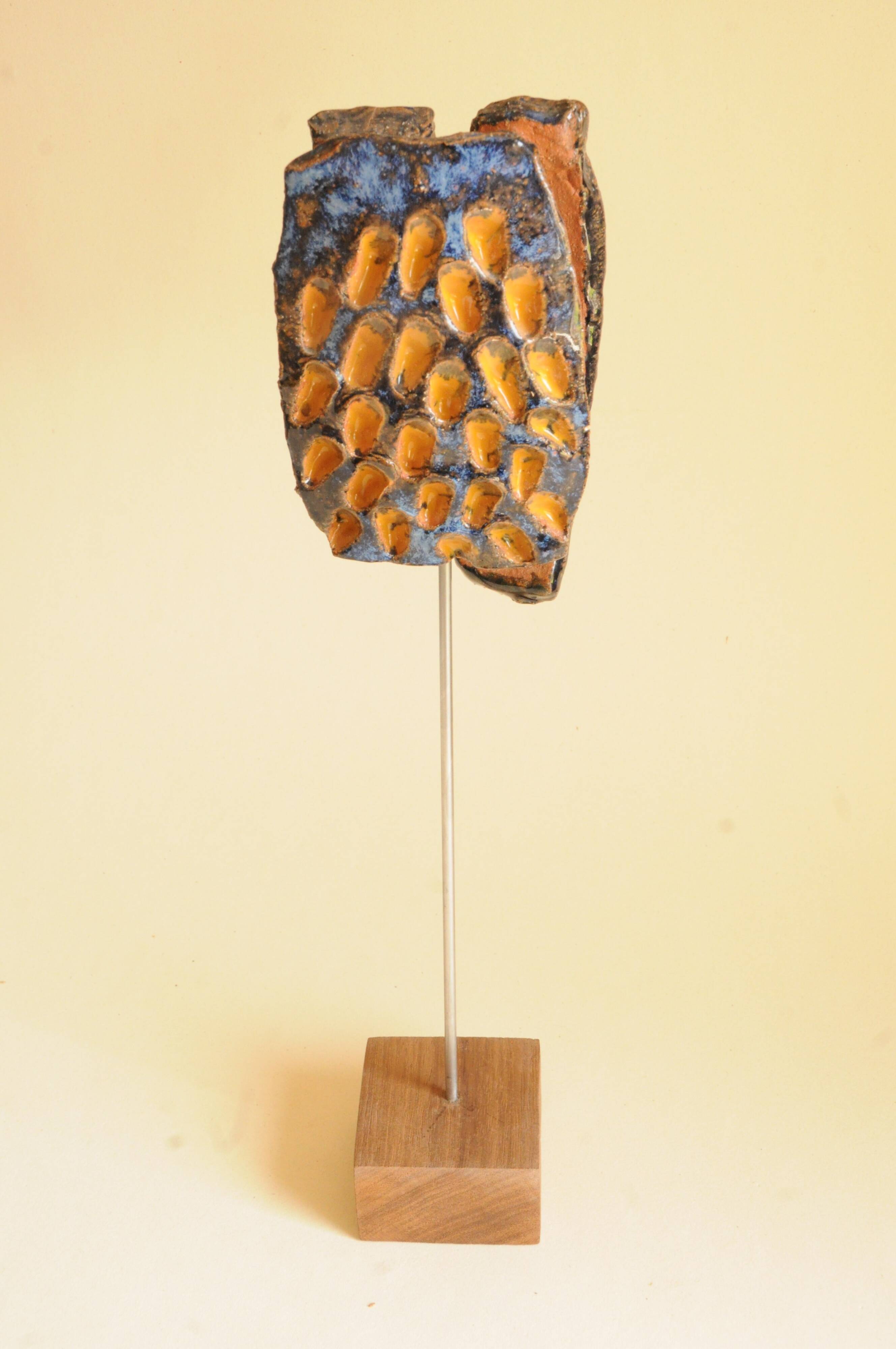 Glazed Terracotta Sculpture Signed - Abstract Art - Blue Amber