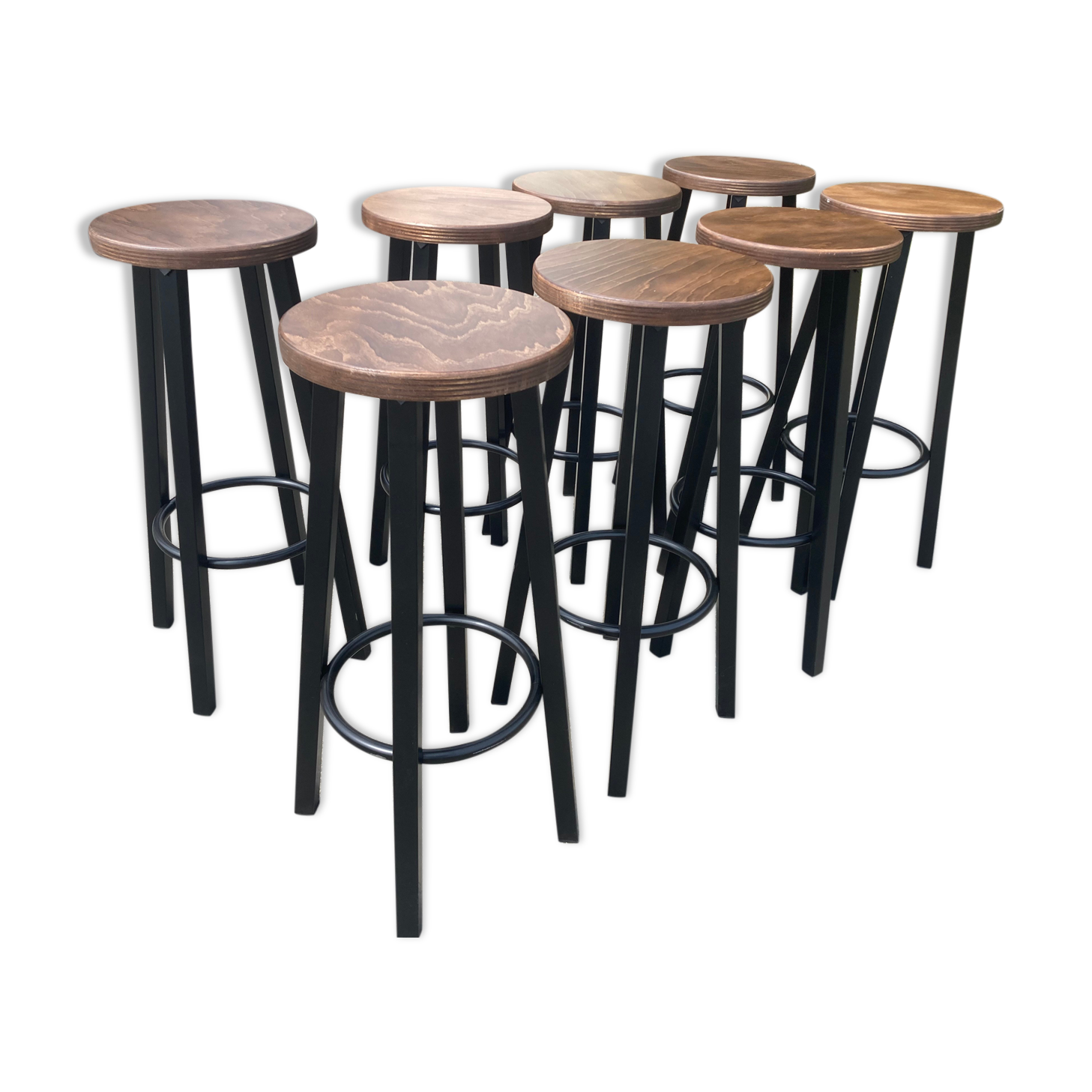 Set of 8 industrial bar stools.