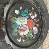 Bohemian and folkloric tray hand-painted flowers on a black metal background