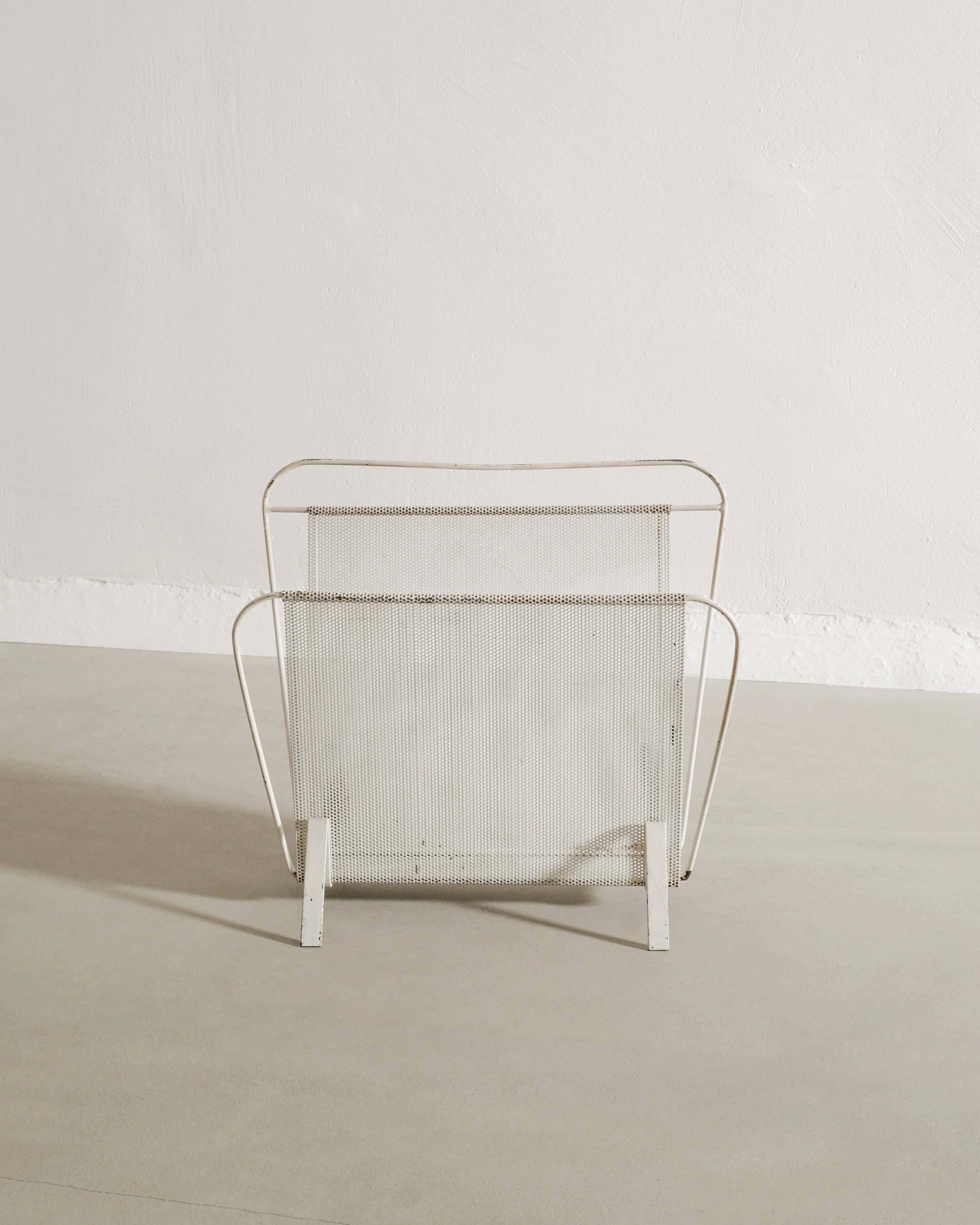 Vintage French Mid Century Mathieu Matégot White Metal Magazine Rack, 1950s