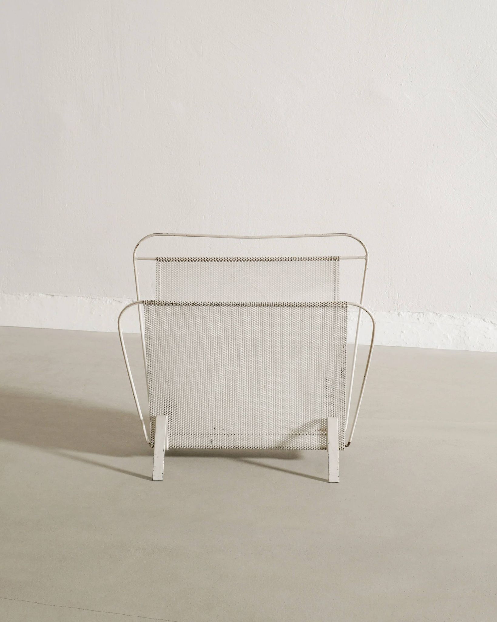 Vintage French Mid Century Mathieu Matégot White Metal Magazine Rack, 1950s