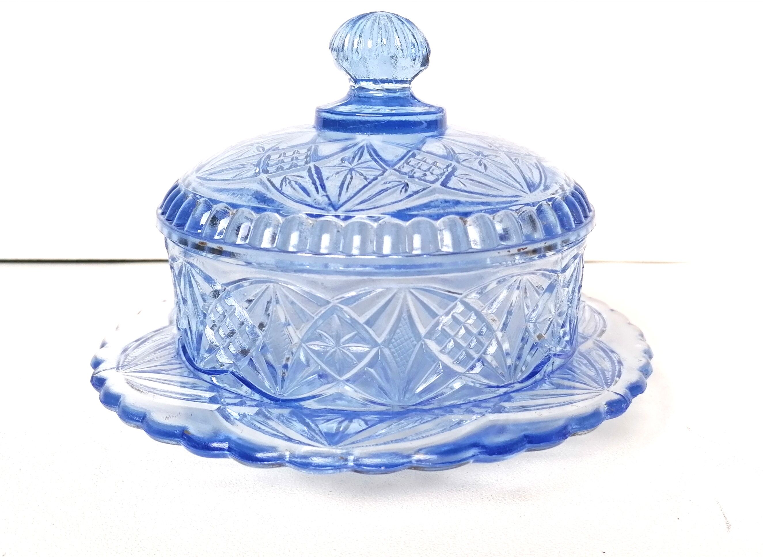 Sweeten candy box in blue pressed molded glass