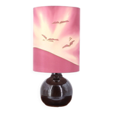 Purple ceramic lamp, painted silk lampshade, 1970s