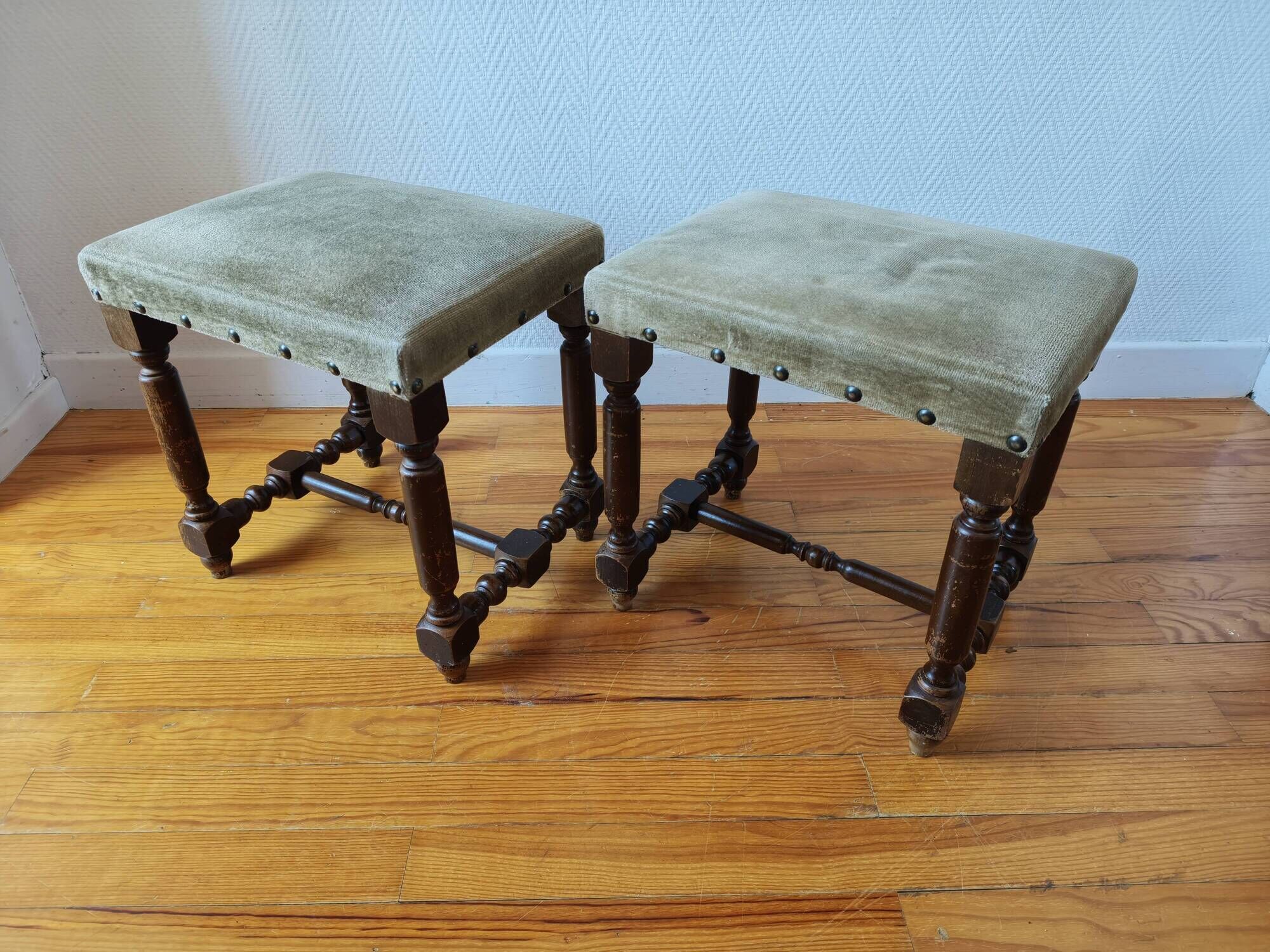 Pair of vintage Dutch stools with a patina – Wabi-Sabi spirit
