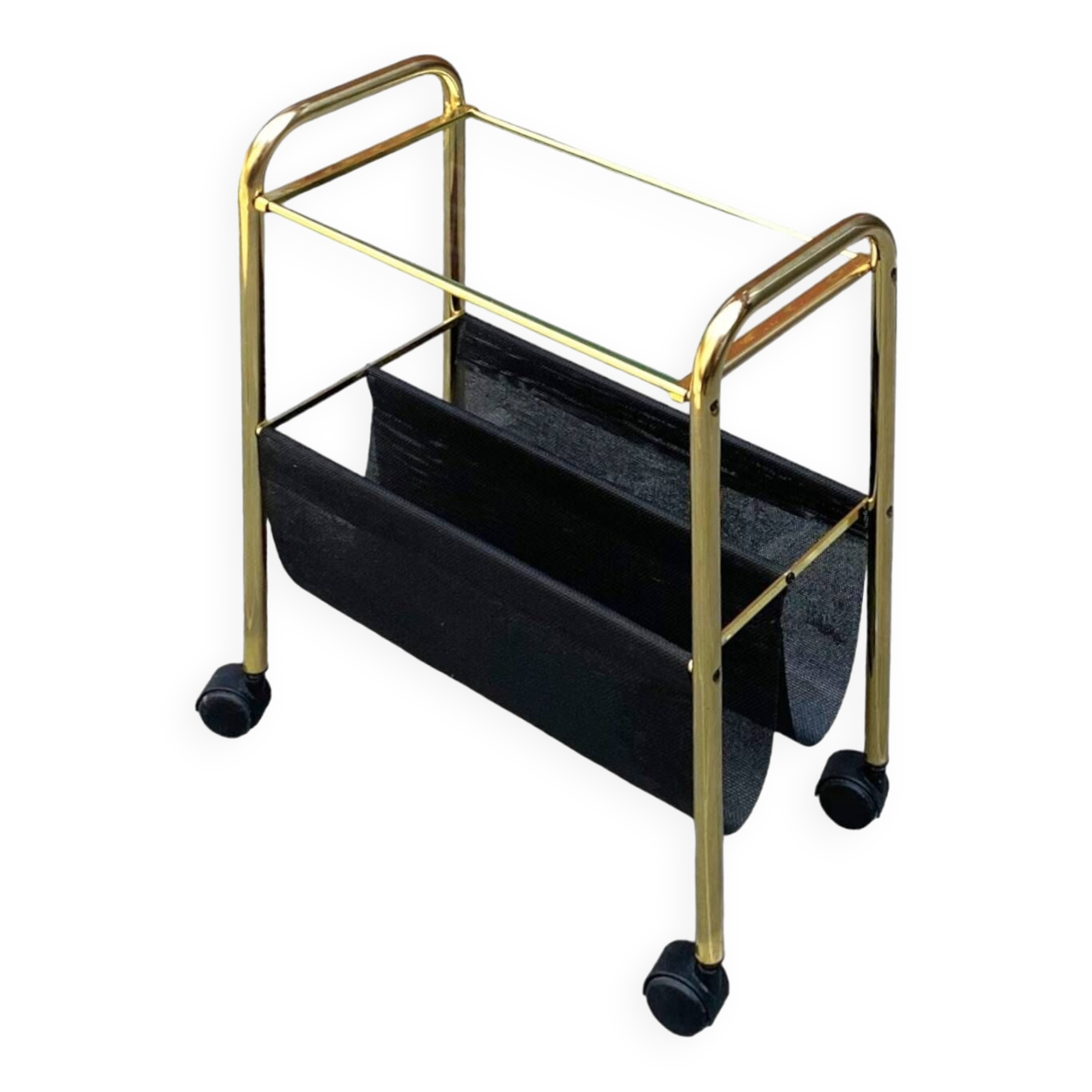 Magazine rack, saddle on vintage wheels