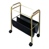 Magazine rack, saddle on vintage wheels