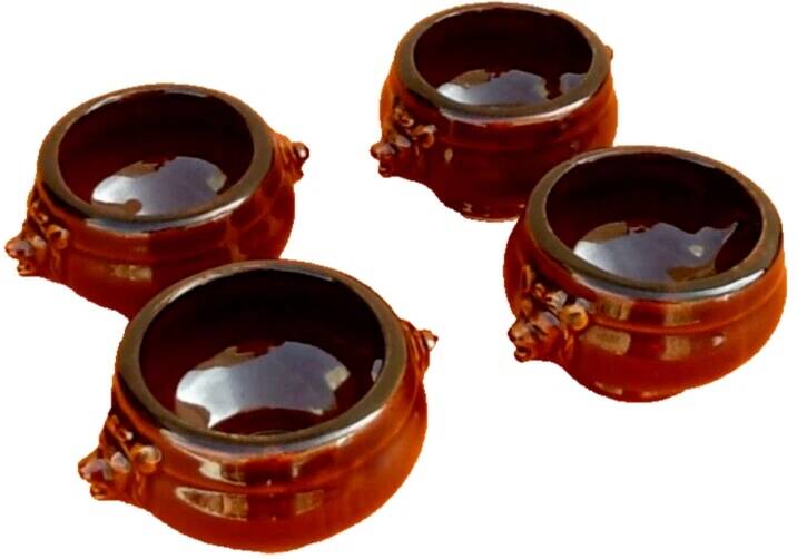 4 onion soup bowls, glazed ceramic, "lion head" decoration.