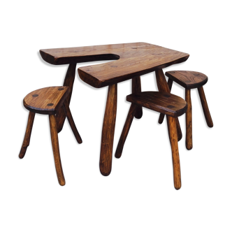 Table and 3 stools brutalist design ash
