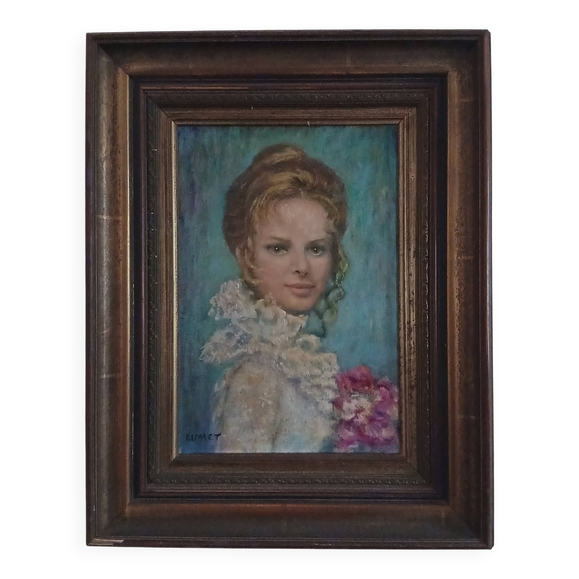 Tableau from the 20th century signed, depicting a woman with a bouquet.
