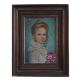 Tableau from the 20th century signed, depicting a woman with a bouquet.